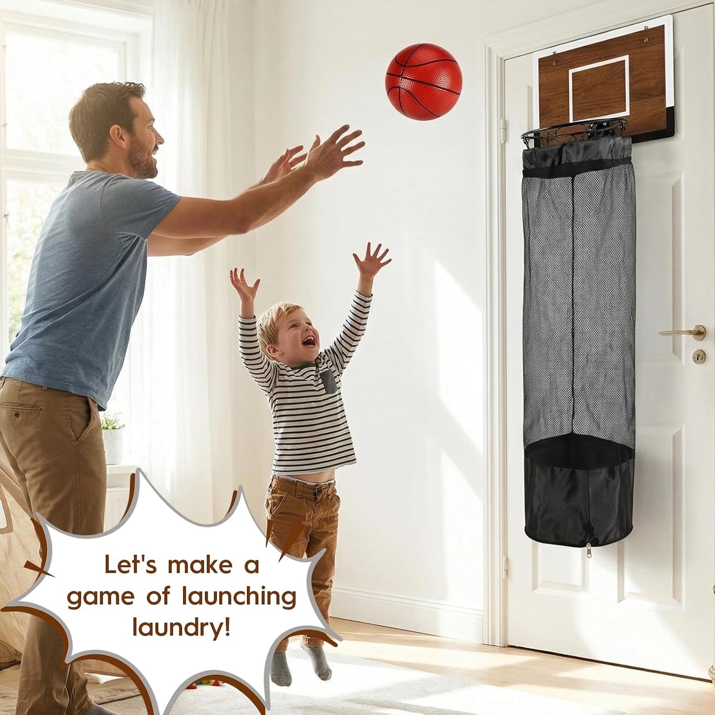Over the Door Basketball Hamper,Wooden Hanging Basketball Hoop Laundry Basket with Zipper,3 Balls and Pump for Kids Room,Dorm Rooms,Bathroom,Saving Space Storage and Organization(Walnut)