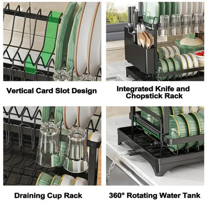 Space Saving Double Tier Dish Drying Rack Rust Resistant Metal with Drain Tray Easy Assemble Kitchen Tableware Holder