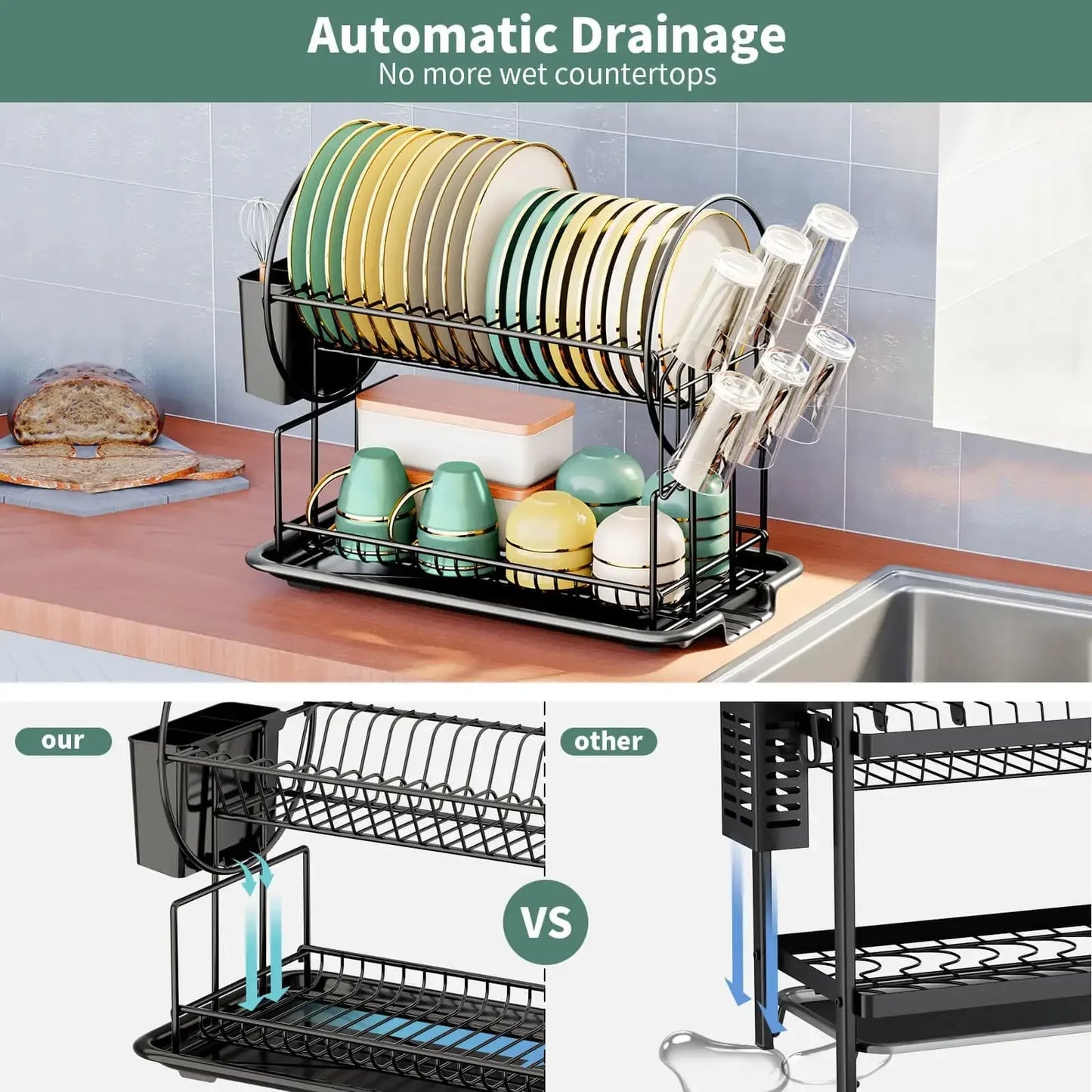 Space-Saving 2-Tier Dish Drying Rack | Rust-Resistant Metal Organizer with Drain Tray