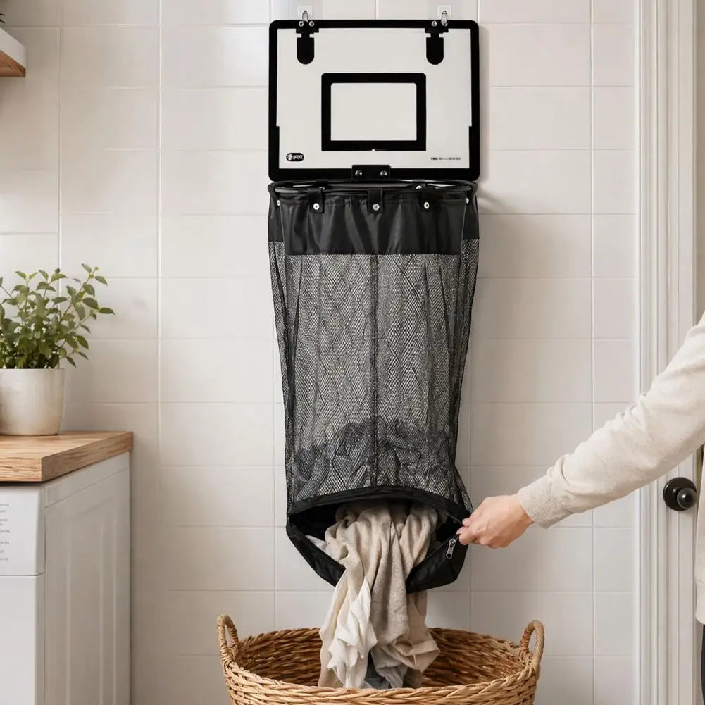Laundry Basket with Basketball Hoop and Zipper Bottom Breathable Mesh Storage Bag Hanging Organizer for Dirty Clothes