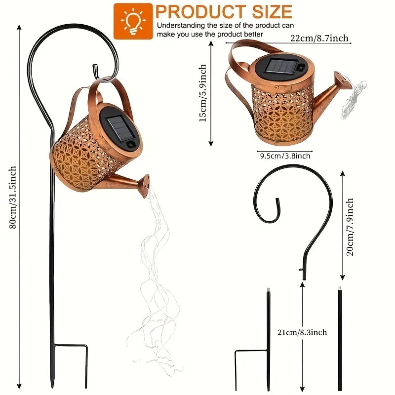 Solar Watering Can Waterfall Light | Waterproof Outdoor Metal Hanging Garden Decor & Fairy Art