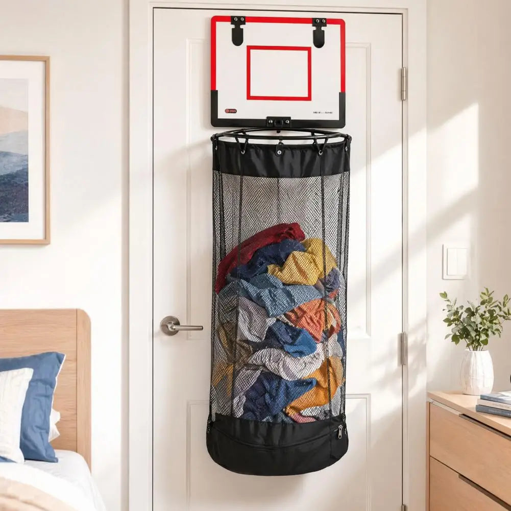 Laundry Basket with Basketball Hoop and Zipper Bottom Breathable Mesh Storage Bag Hanging Organizer for Dirty Clothes