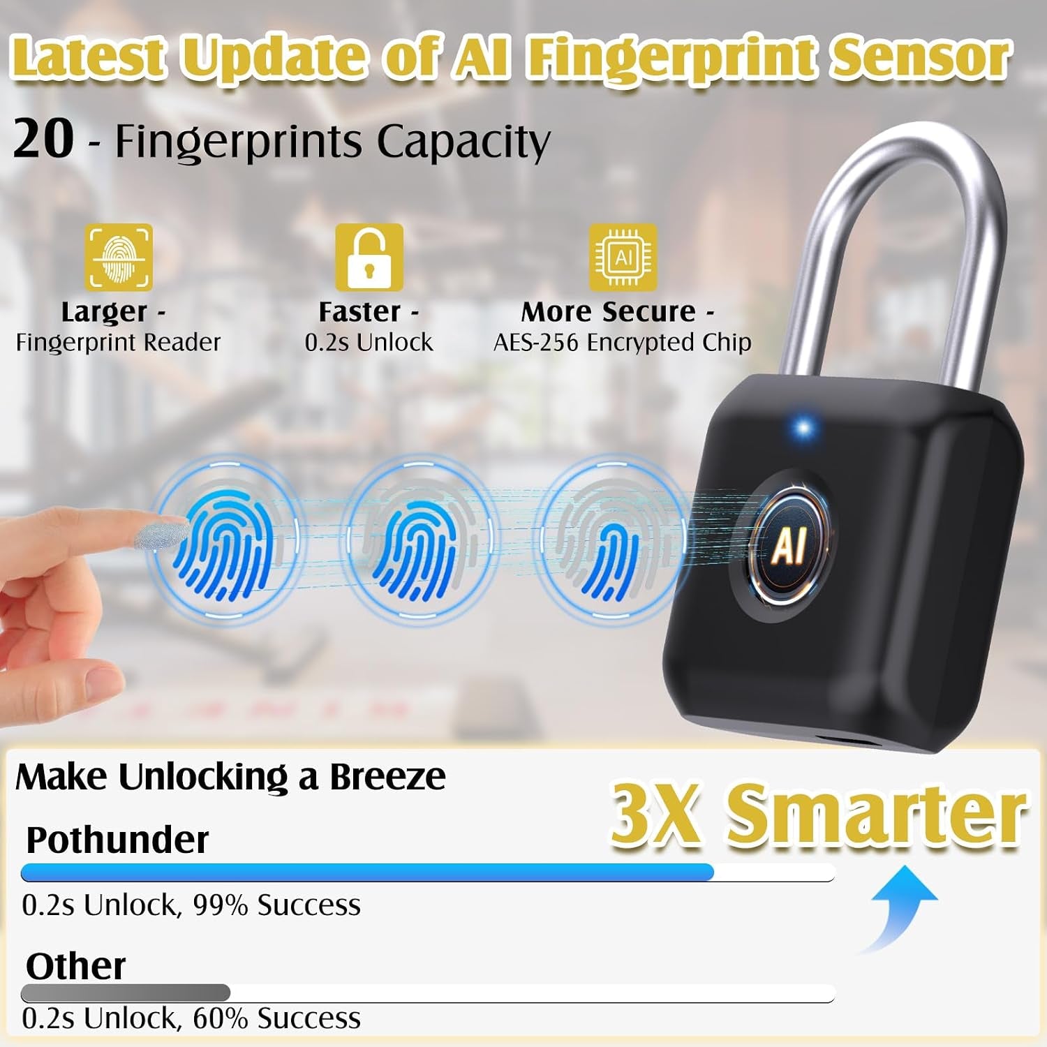 Smart Fingerprint & App Padlock | USB Rechargeable Keyless Locker Lock for Gym, School & Doors (Black)