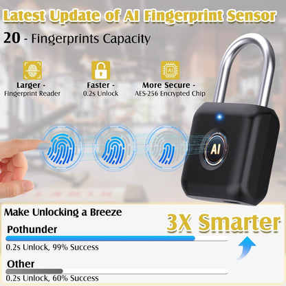 Smart Fingerprint & App Padlock | USB Rechargeable Keyless Locker Lock for Gym, School & Doors (Black)