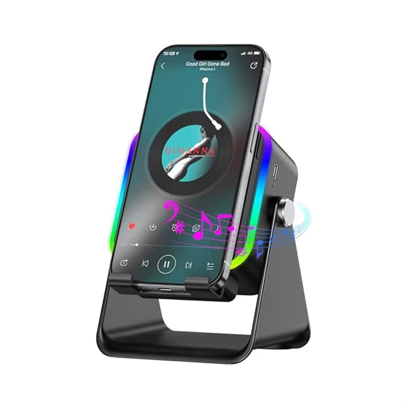 5-in-1 Wireless Induction Bluetooth Speaker | Adjustable Phone Stand with Ambient Light & Emergency Charger
