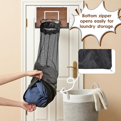 Over the Door Basketball Hamper,Wooden Hanging Basketball Hoop Laundry Basket with Zipper,3 Balls and Pump for Kids Room,Dorm Rooms,Bathroom,Saving Space Storage and Organization(Walnut)