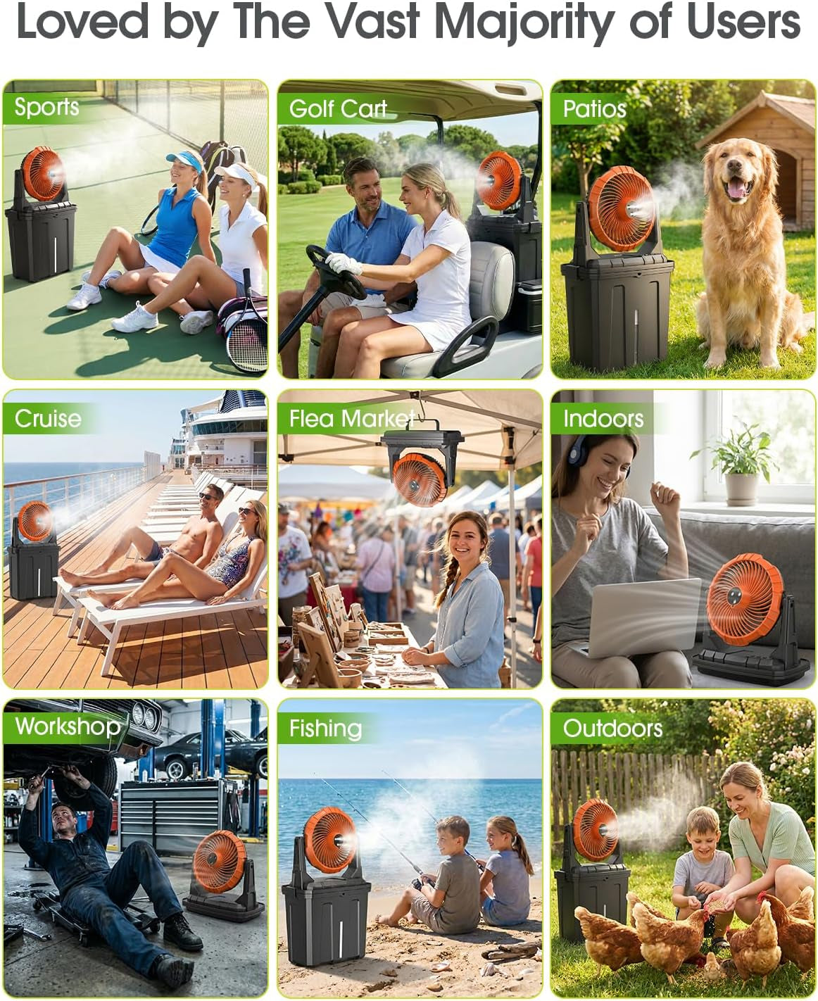 2026 Upgraded 10″ 9L Oscillating Portable Misting Fan with Light, [Max 55Hrs] Golf Cart Mister Fan for outside Patios, Outdoor Rechargeable Battery Operated Water Cool Fan-3 Spray Misters