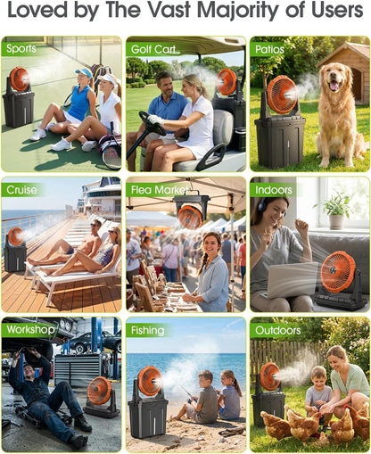 2026 Upgraded 10″ 9L Oscillating Portable Misting Fan with Light, [Max 55Hrs] Golf Cart Mister Fan for outside Patios, Outdoor Rechargeable Battery Operated Water Cool Fan-3 Spray Misters