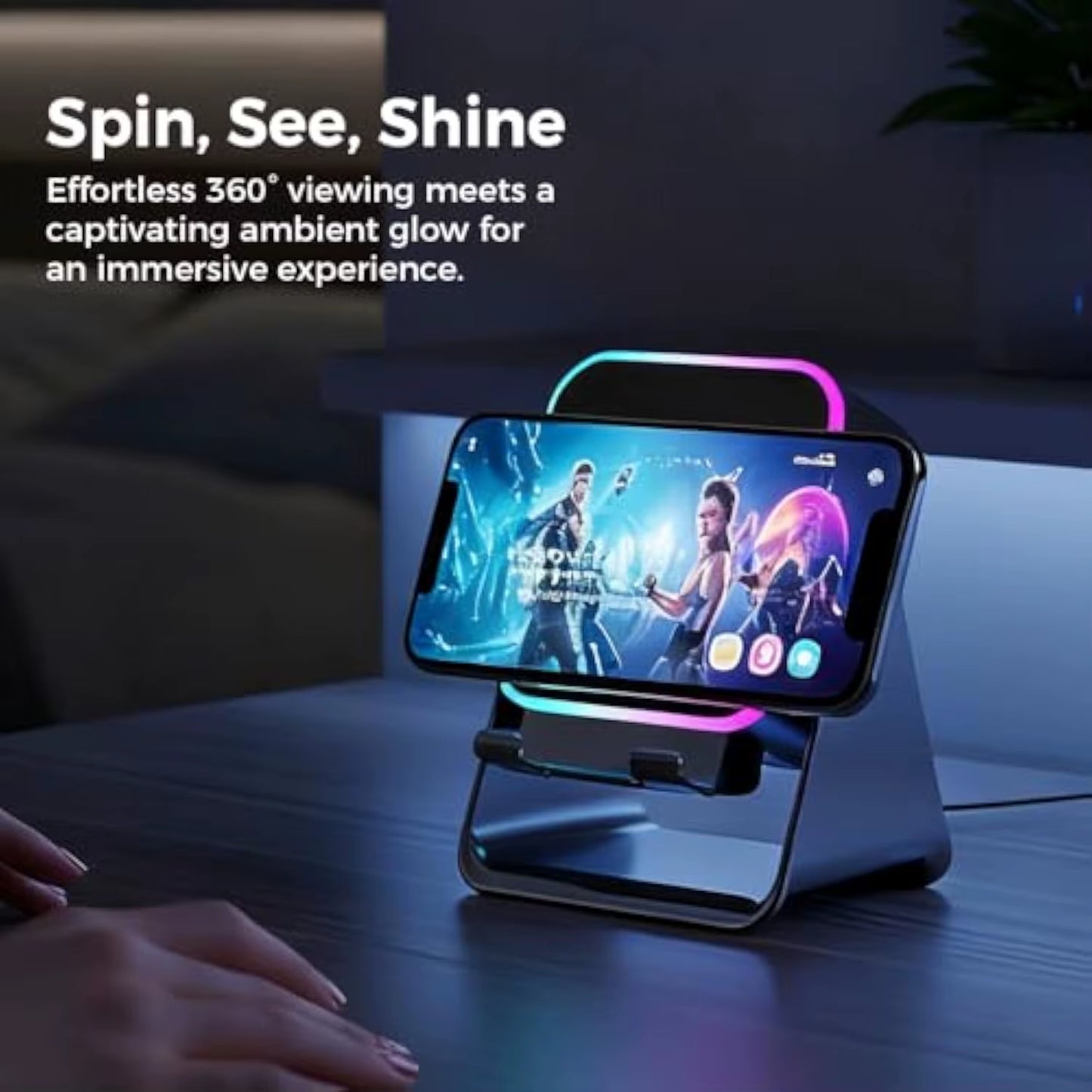 5-in-1 Wireless Induction Bluetooth Speaker | Adjustable Phone Stand with Ambient Light & Emergency Charger