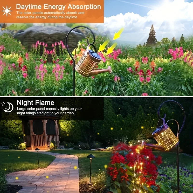 Solar Watering Can Waterfall Light | Waterproof Outdoor Metal Hanging Garden Decor & Fairy Art