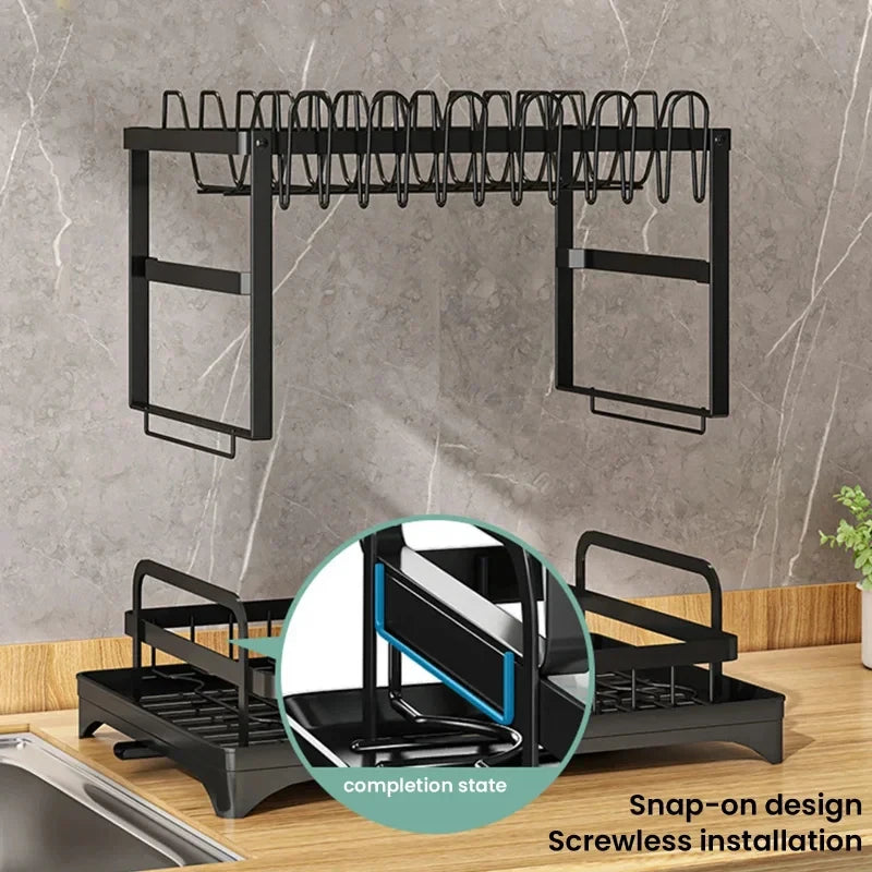 Space Saving Double Tier Dish Drying Rack Rust Resistant Metal with Drain Tray Easy Assemble Kitchen Tableware Holder