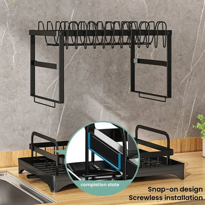 Space Saving Double Tier Dish Drying Rack Rust Resistant Metal with Drain Tray Easy Assemble Kitchen Tableware Holder