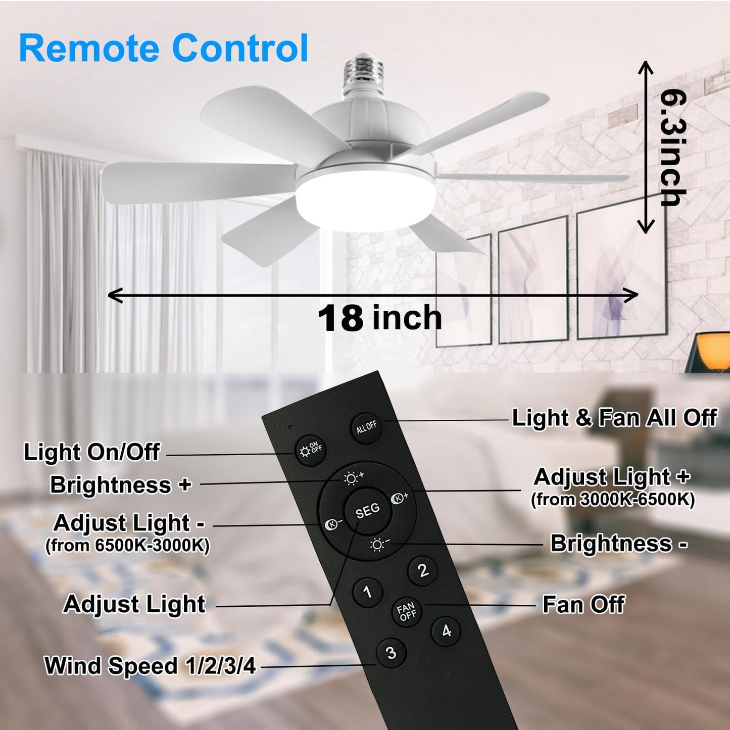 2-Pack Socket Fan Light (18-Inch) | Screw-in LED Ceiling Fan with Remote & Dimmable Light