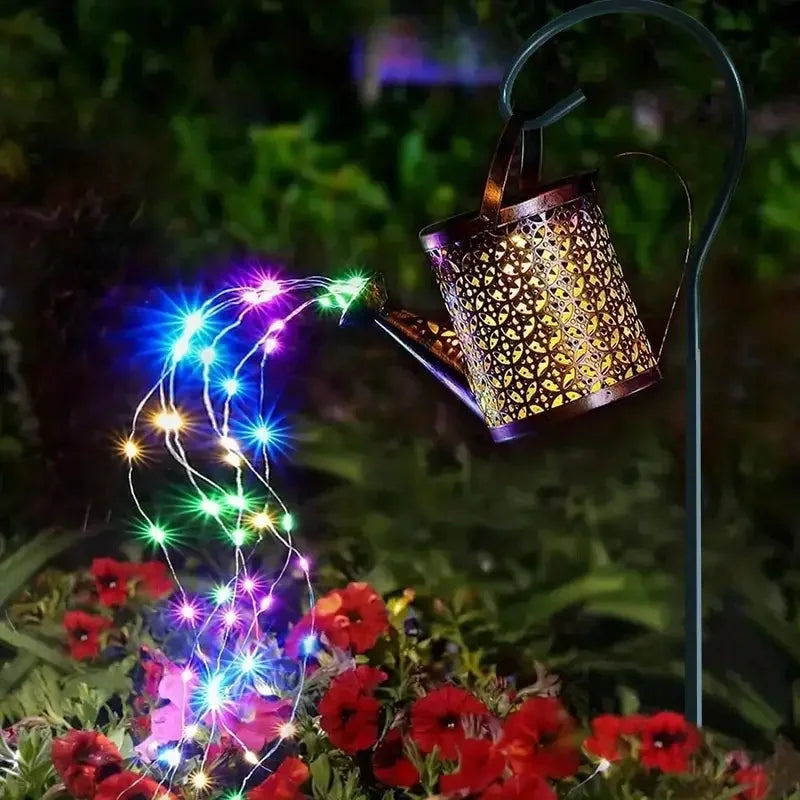 Solar Watering Can Waterfall Light | Waterproof Outdoor Metal Hanging Garden Decor & Fairy Art