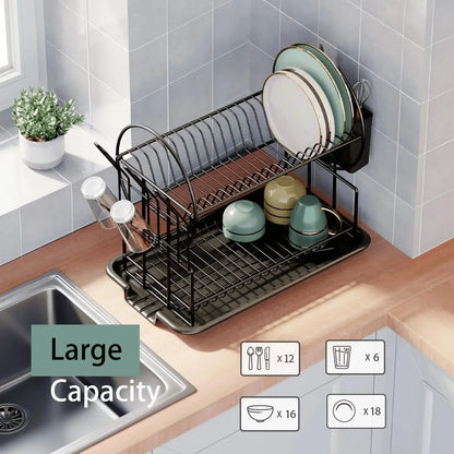 Space-Saving 2-Tier Dish Drying Rack | Rust-Resistant Metal Organizer with Drain Tray