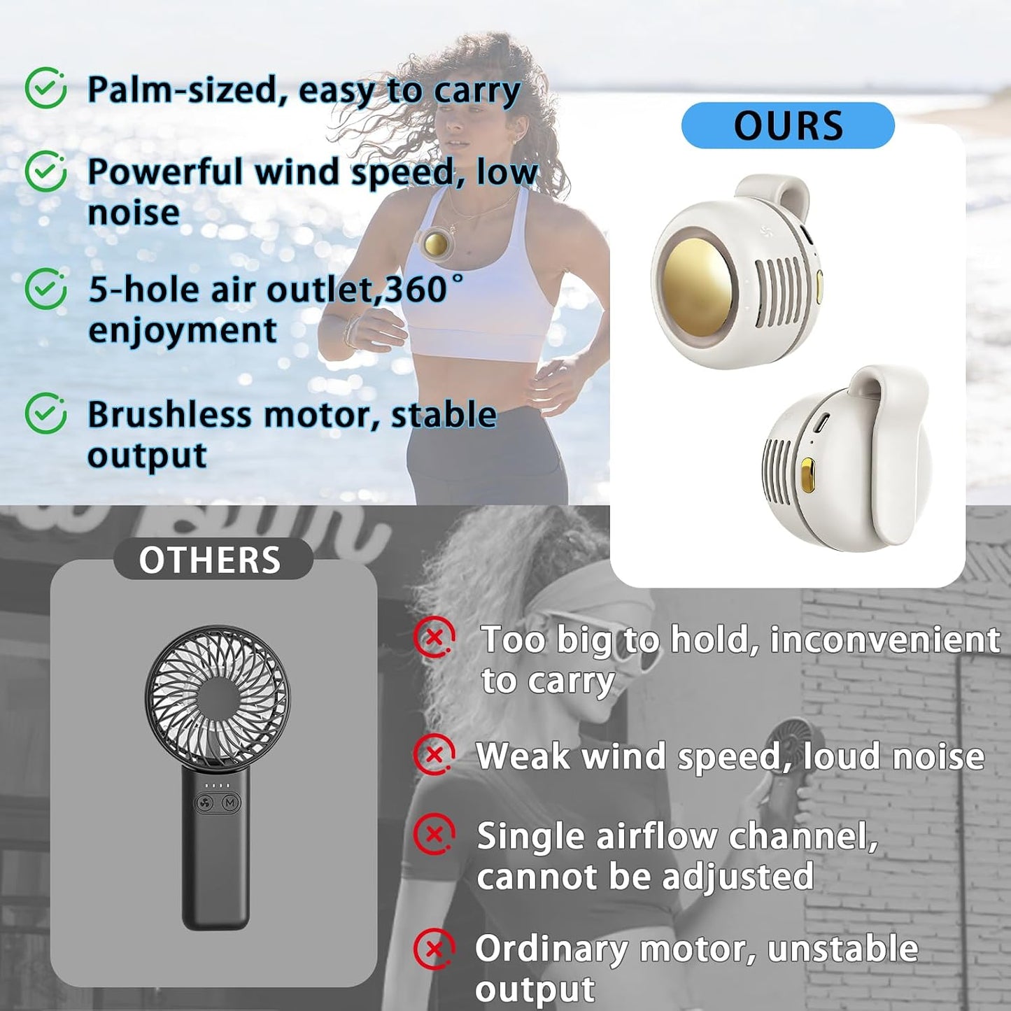 Portable Clip-On Fan, Mini USB Rechargeable 360° Rotatable Fan, Personal Fan 3-Speed Silent Mini Bladeless Fans (White)