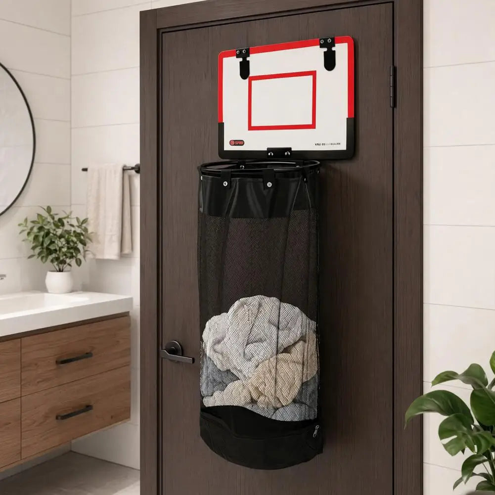 Laundry Basket with Basketball Hoop and Zipper Bottom Breathable Mesh Storage Bag Hanging Organizer for Dirty Clothes