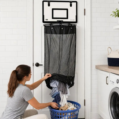 Laundry Basket with Basketball Hoop and Zipper Bottom Breathable Mesh Storage Bag Hanging Organizer for Dirty Clothes