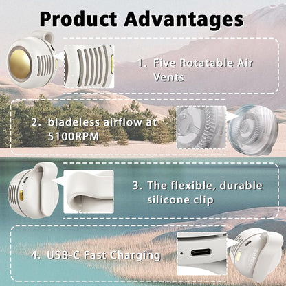 Portable Clip-On Fan, Mini USB Rechargeable 360° Rotatable Fan, Personal Fan 3-Speed Silent Mini Bladeless Fans (White)