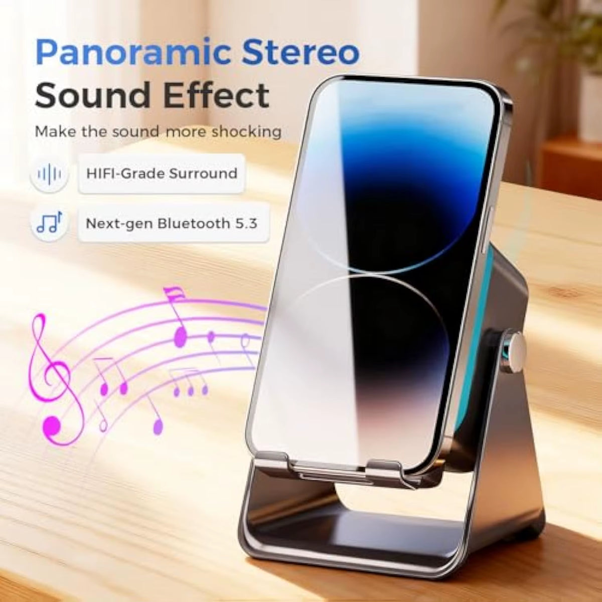 5-in-1 Wireless Induction Bluetooth Speaker | Adjustable Phone Stand with Ambient Light & Emergency Charger