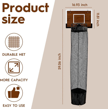 Over the Door Basketball Hamper,Wooden Hanging Basketball Hoop Laundry Basket with Zipper,3 Balls and Pump for Kids Room,Dorm Rooms,Bathroom,Saving Space Storage and Organization(Walnut)