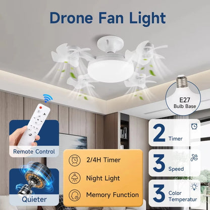 E27 Drone-Design 2-in-1 Ceiling Fan Light (60W) | Screw-in LED Fan Lamp with Remote Control