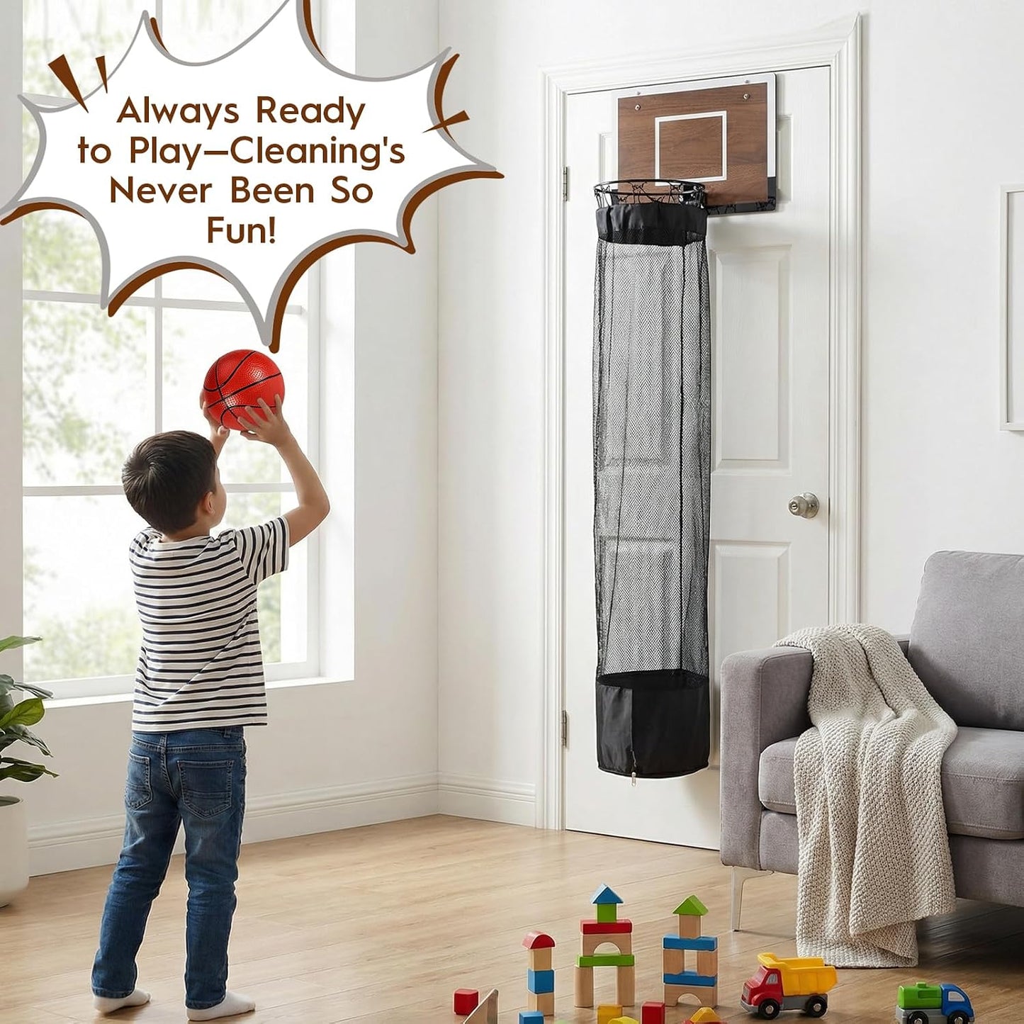 Over the Door Basketball Hamper,Wooden Hanging Basketball Hoop Laundry Basket with Zipper,3 Balls and Pump for Kids Room,Dorm Rooms,Bathroom,Saving Space Storage and Organization(Walnut)