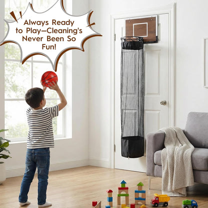 Over the Door Basketball Hamper,Wooden Hanging Basketball Hoop Laundry Basket with Zipper,3 Balls and Pump for Kids Room,Dorm Rooms,Bathroom,Saving Space Storage and Organization(Walnut)