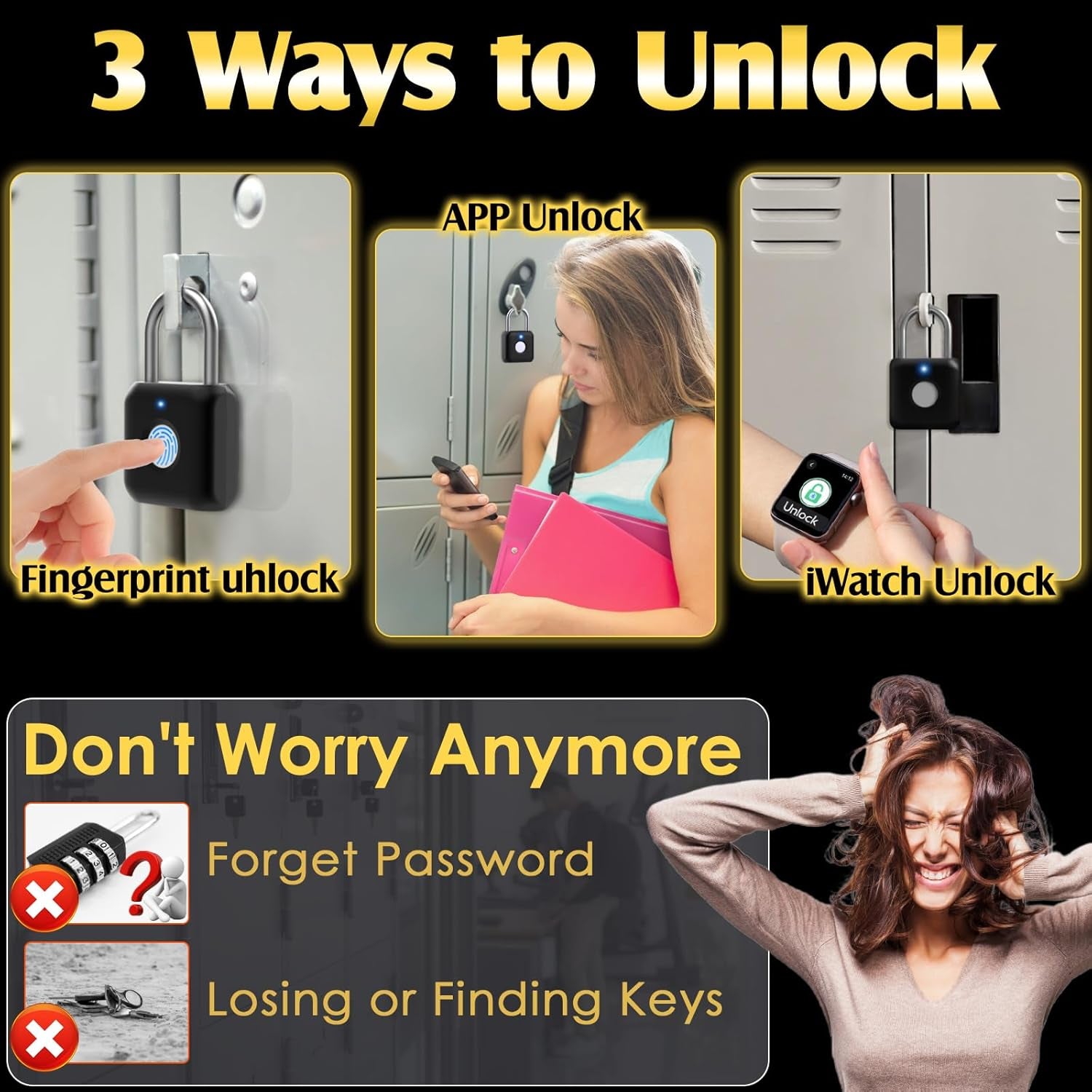 Smart Fingerprint & App Padlock | USB Rechargeable Keyless Locker Lock for Gym, School & Doors (Black)