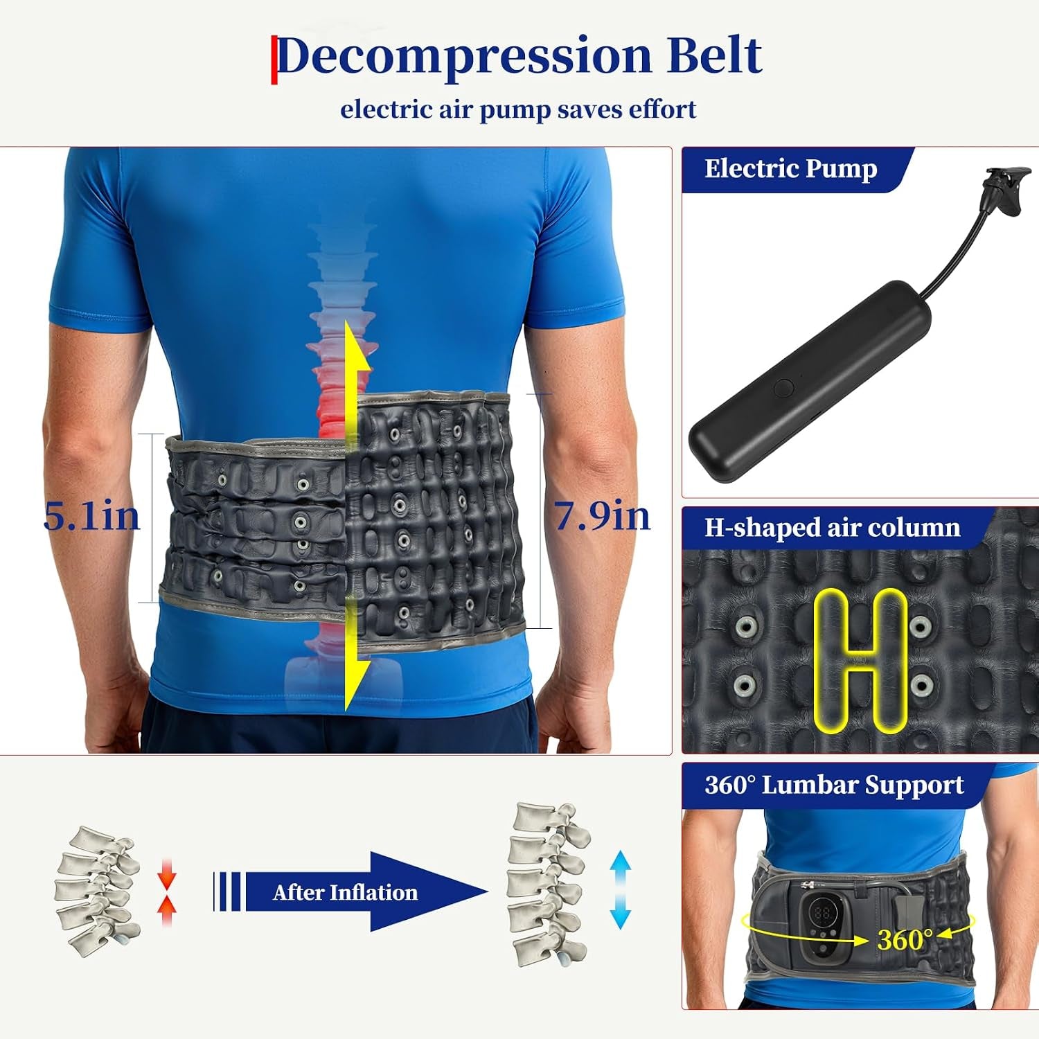 Red Light Massage Decompression Belt for Instant Lower Back Pain Relief, Pump up Lumbar Support Brace Inflatable Back Reliever with Electric Pump, One Sizes Fits 29-49 Waist