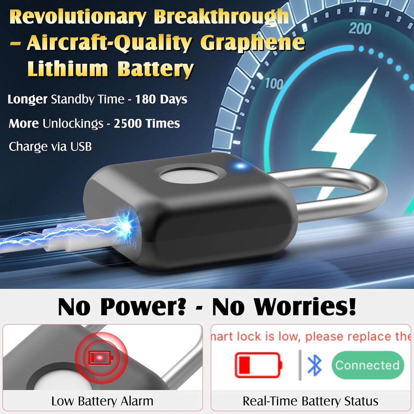 Smart Fingerprint & App Padlock | USB Rechargeable Keyless Locker Lock for Gym, School & Doors (Black)
