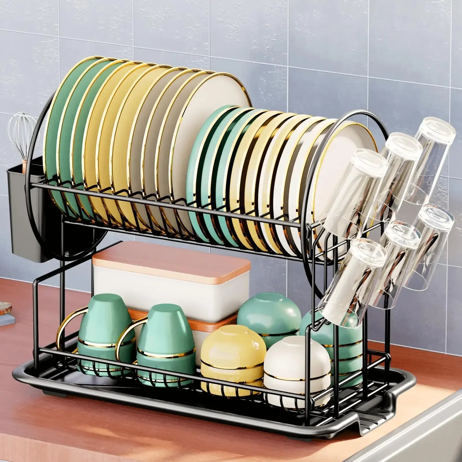 Space-Saving 2-Tier Dish Drying Rack | Rust-Resistant Metal Organizer with Drain Tray