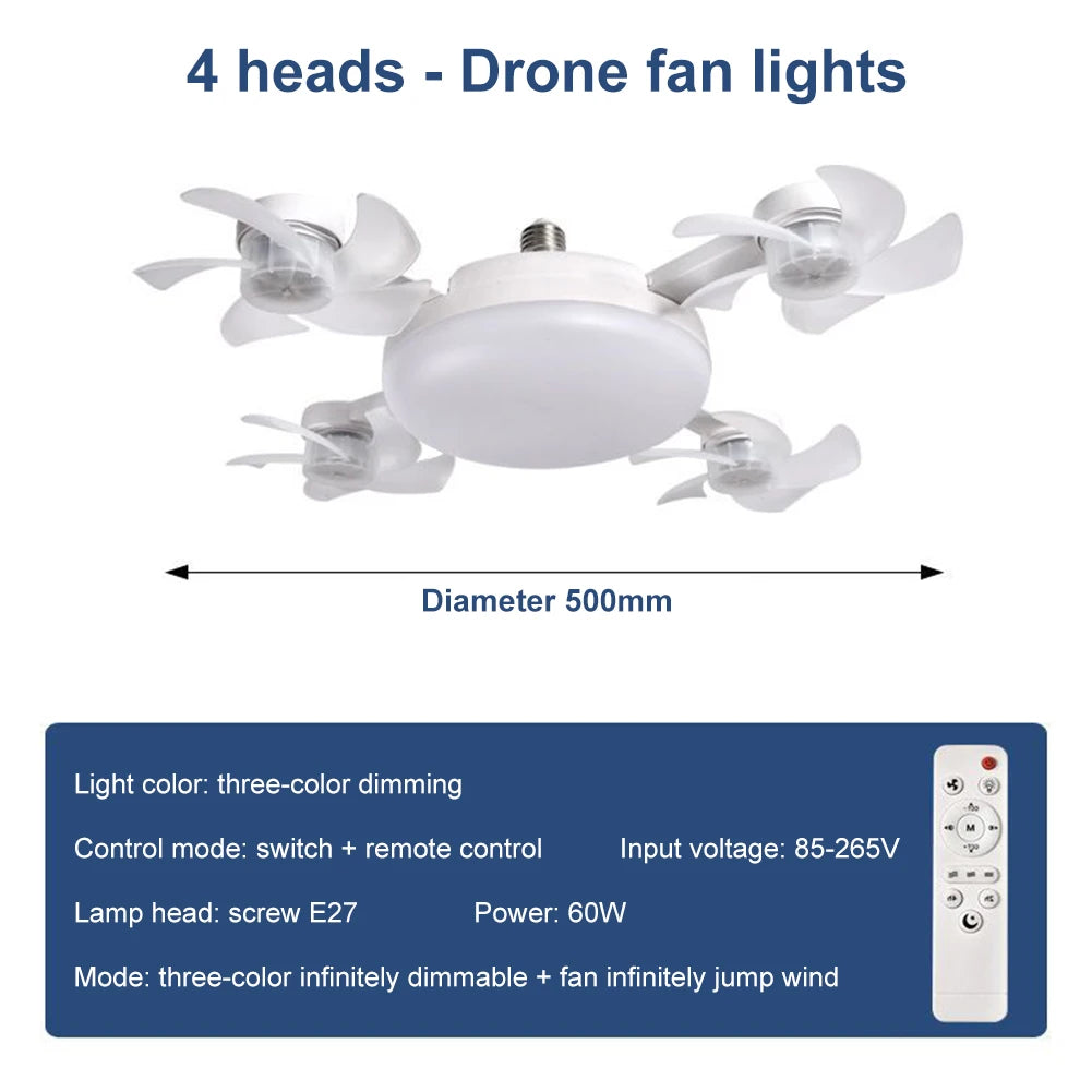 E27 Drone-Design 2-in-1 Ceiling Fan Light (60W) | Screw-in LED Fan Lamp with Remote Control