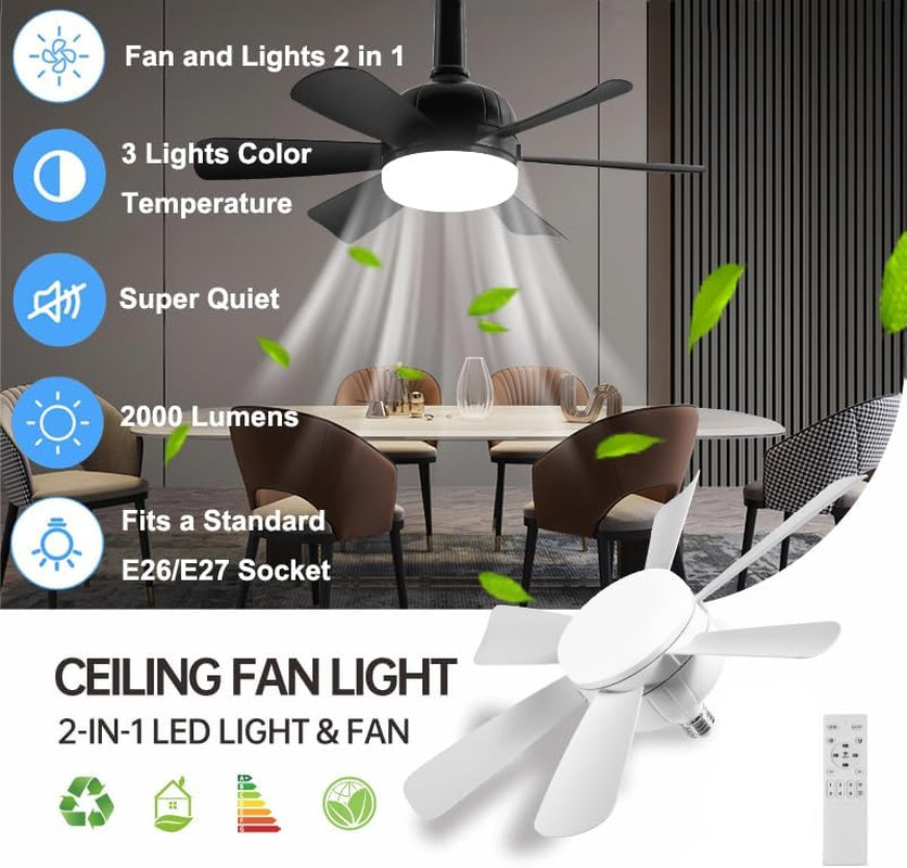 2-Pack Socket Fan Light (18-Inch) | Screw-in LED Ceiling Fan with Remote & Dimmable Light