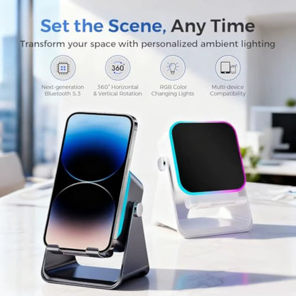 5-in-1 Wireless Induction Bluetooth Speaker | Adjustable Phone Stand with Ambient Light & Emergency Charger