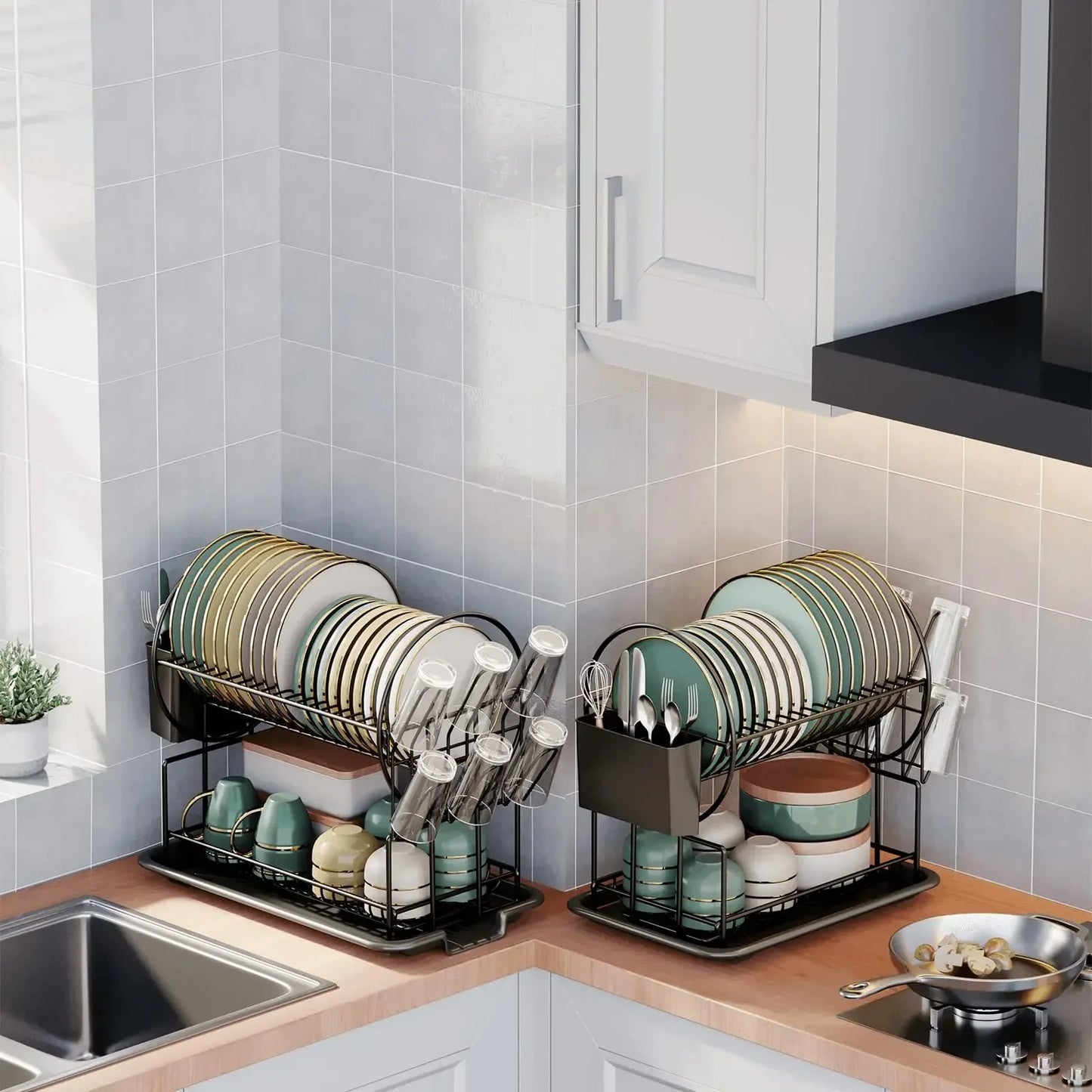 Space-Saving 2-Tier Dish Drying Rack | Rust-Resistant Metal Organizer with Drain Tray