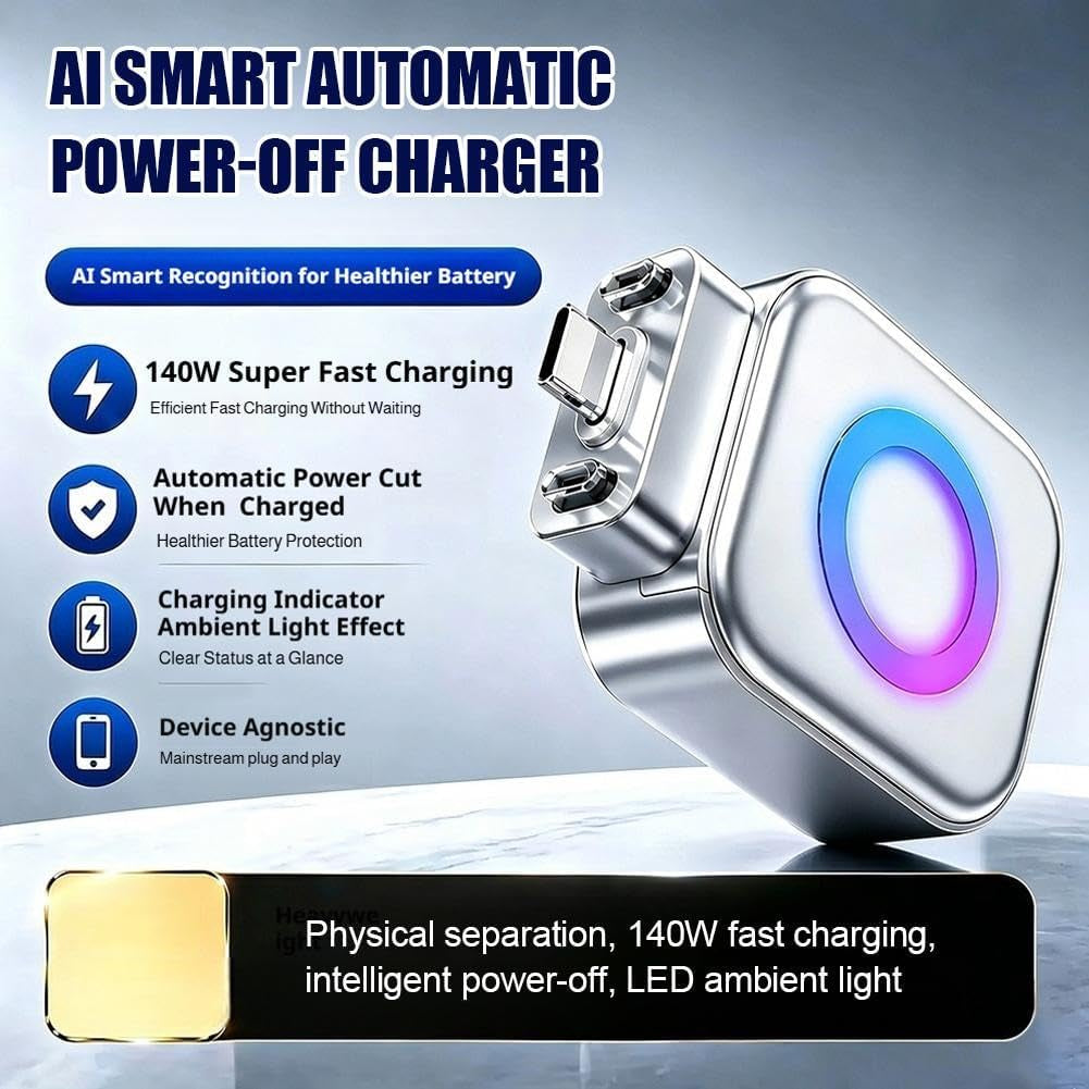 Stop Charge Smart Charger, 2026 New Auto Disconnect Charging Cable Protector, Fast 140W Charger, LED Digital Display, Overcharge Protection Adapter for Phone Laptop Tablet USB Charging Cable