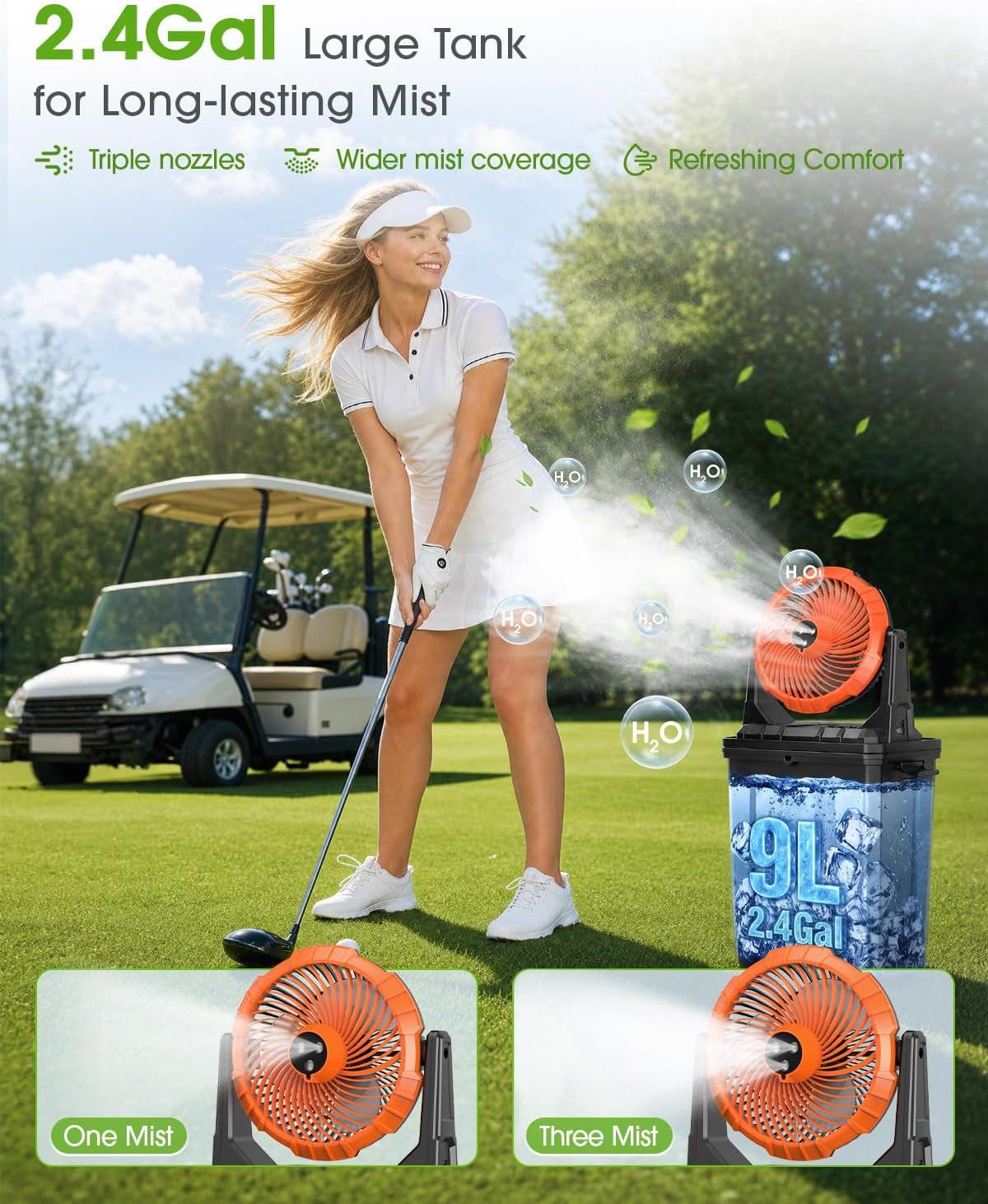 2026 Upgraded 10″ 9L Oscillating Portable Misting Fan with Light, [Max 55Hrs] Golf Cart Mister Fan for outside Patios, Outdoor Rechargeable Battery Operated Water Cool Fan-3 Spray Misters
