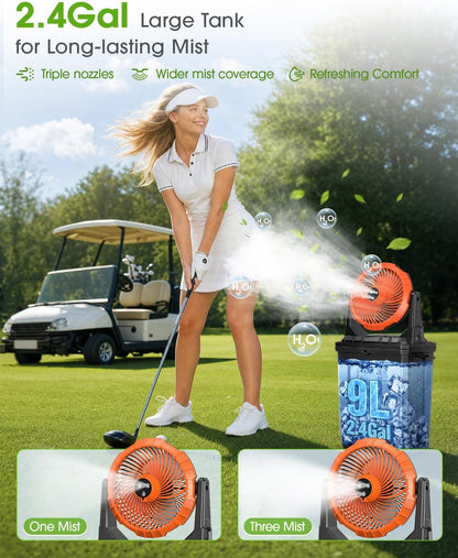 2026 Upgraded 10″ 9L Oscillating Portable Misting Fan with Light, [Max 55Hrs] Golf Cart Mister Fan for outside Patios, Outdoor Rechargeable Battery Operated Water Cool Fan-3 Spray Misters