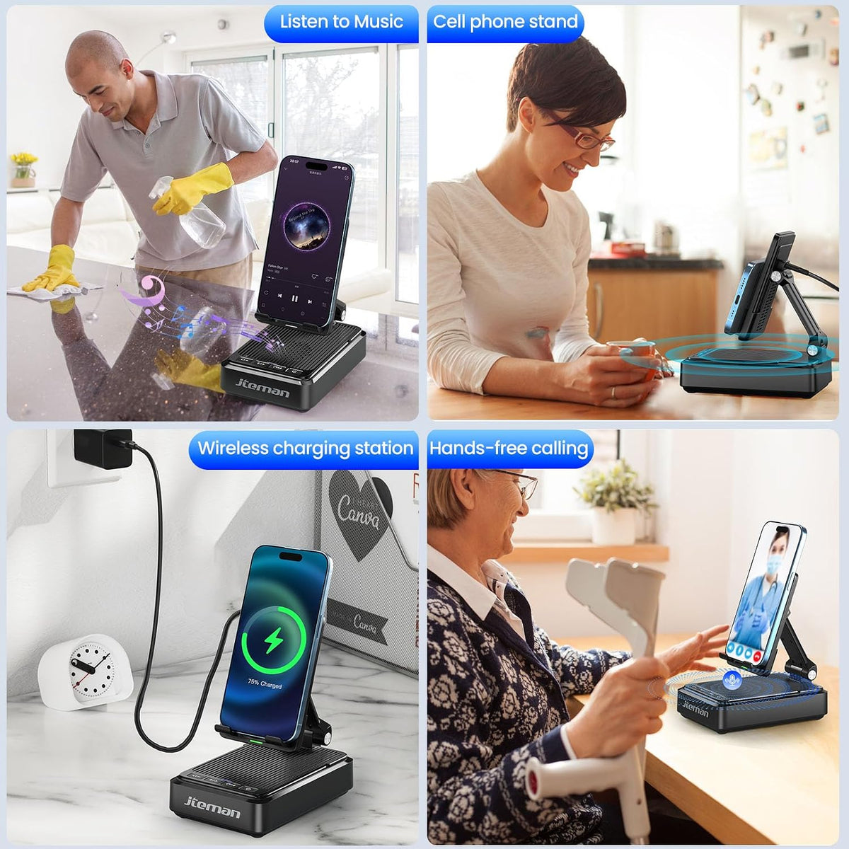 3-in-1 Cell Phone Stand with Bluetooth Speaker & Fast Wireless Charger | Desktop Charging Station