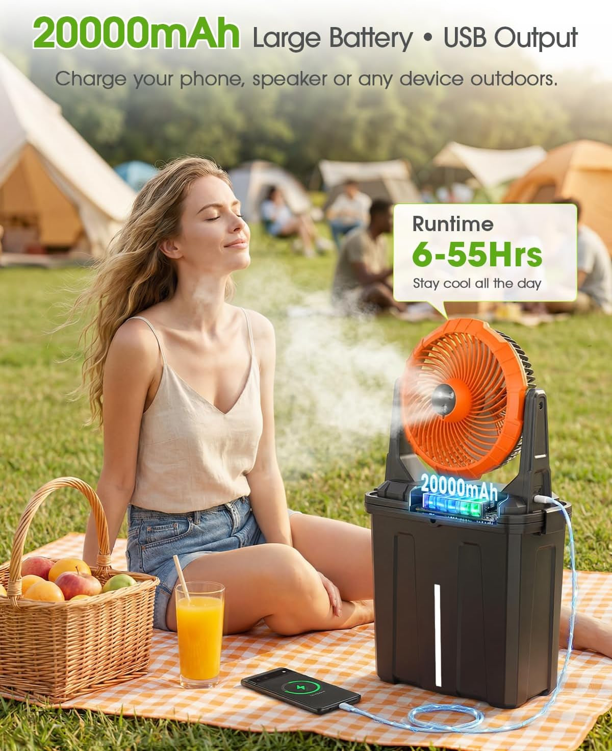 2026 Upgraded 10″ 9L Oscillating Portable Misting Fan with Light, [Max 55Hrs] Golf Cart Mister Fan for outside Patios, Outdoor Rechargeable Battery Operated Water Cool Fan-3 Spray Misters