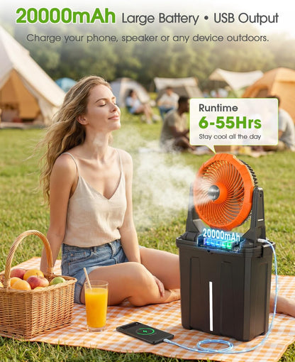 2026 Upgraded 10″ 9L Oscillating Portable Misting Fan with Light, [Max 55Hrs] Golf Cart Mister Fan for outside Patios, Outdoor Rechargeable Battery Operated Water Cool Fan-3 Spray Misters