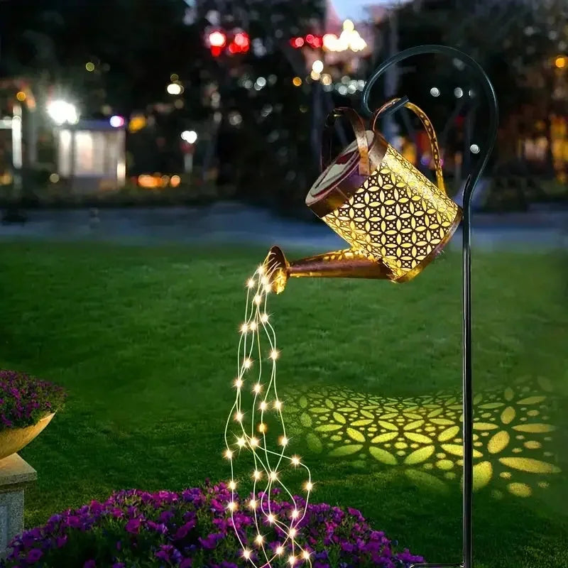 Solar Watering Can Waterfall Light | Waterproof Outdoor Metal Hanging Garden Decor & Fairy Art