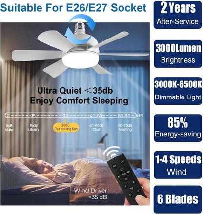 2-Pack Socket Fan Light (18-Inch) | Screw-in LED Ceiling Fan with Remote & Dimmable Light