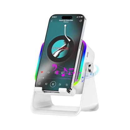 5-in-1 Wireless Induction Bluetooth Speaker | Adjustable Phone Stand with Ambient Light & Emergency Charger