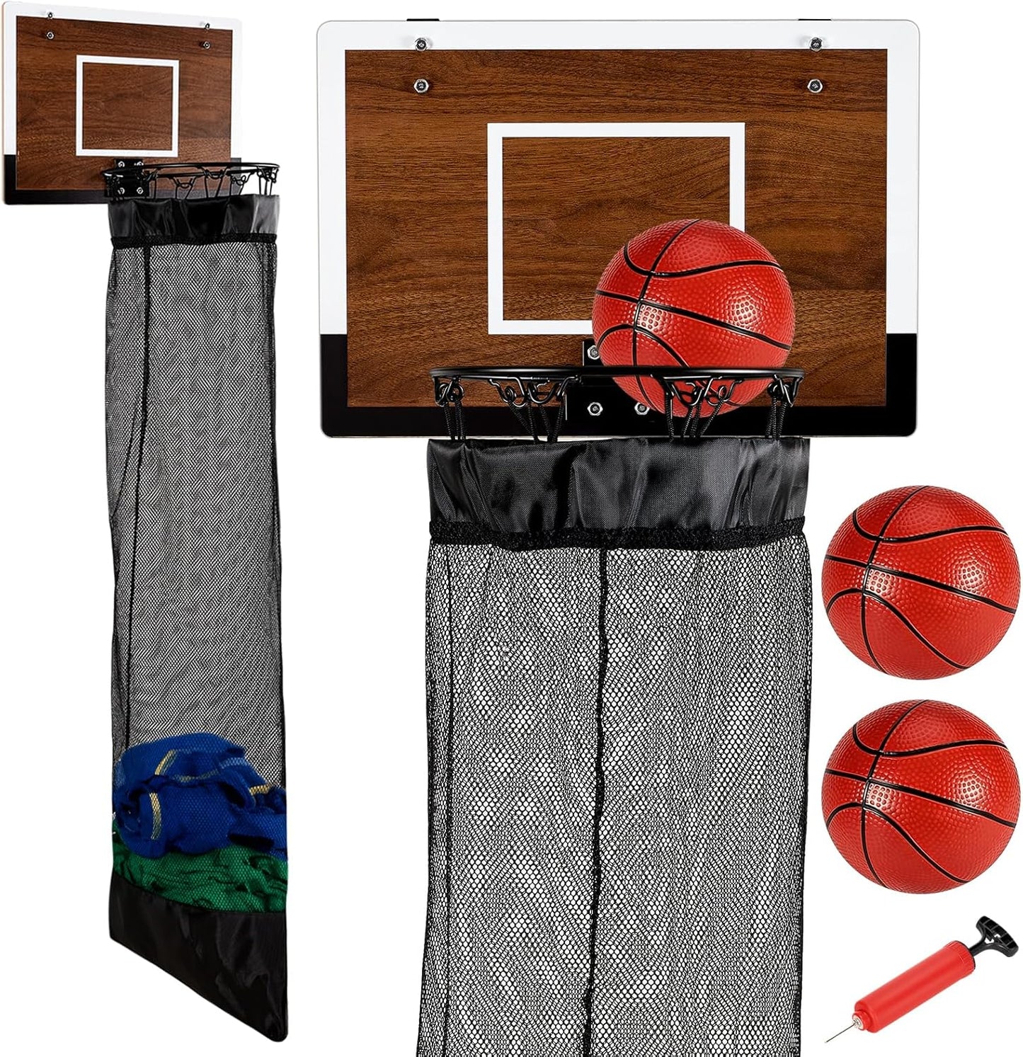 Over the Door Basketball Hamper,Wooden Hanging Basketball Hoop Laundry Basket with Zipper,3 Balls and Pump for Kids Room,Dorm Rooms,Bathroom,Saving Space Storage and Organization(Walnut)