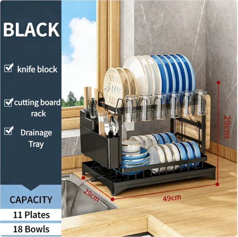 Space Saving Double Tier Dish Drying Rack Rust Resistant Metal with Drain Tray Easy Assemble Kitchen Tableware Holder