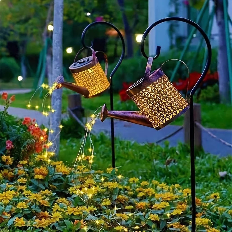 Solar Watering Can Waterfall Light | Waterproof Outdoor Metal Hanging Garden Decor & Fairy Art