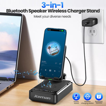 3-in-1 Cell Phone Stand with Bluetooth Speaker & Fast Wireless Charger | Desktop Charging Station