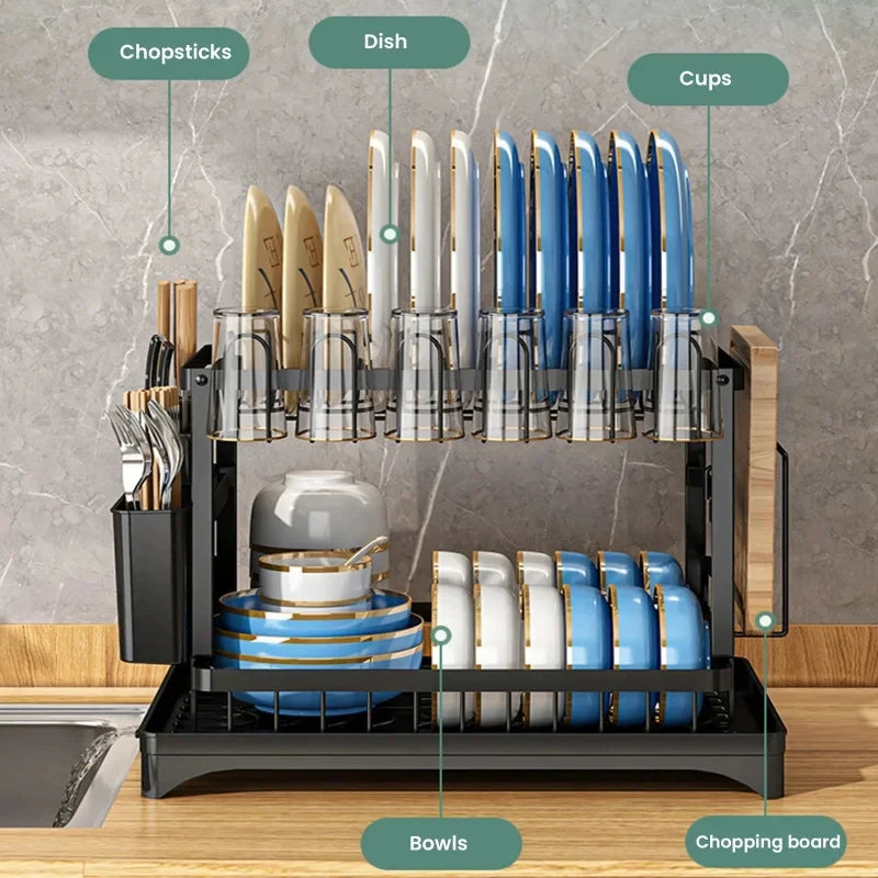 Space Saving Double Tier Dish Drying Rack Rust Resistant Metal with Drain Tray Easy Assemble Kitchen Tableware Holder